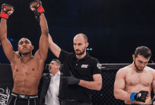 Brian Hooi treft Eldar Eldarov tijdens Brave CF 12 in Indonesië