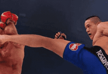 Costello van Steenis vecht tijdens Bellator 200 tegen Kevin Fryer