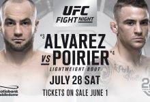 Eddie Alvarez en Dustin Poirier ”op herhaling” tijdens Main Event van UFC Calgary